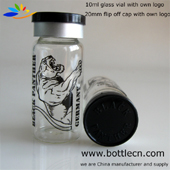 name of brand and own logo on glass vial and flip off cap